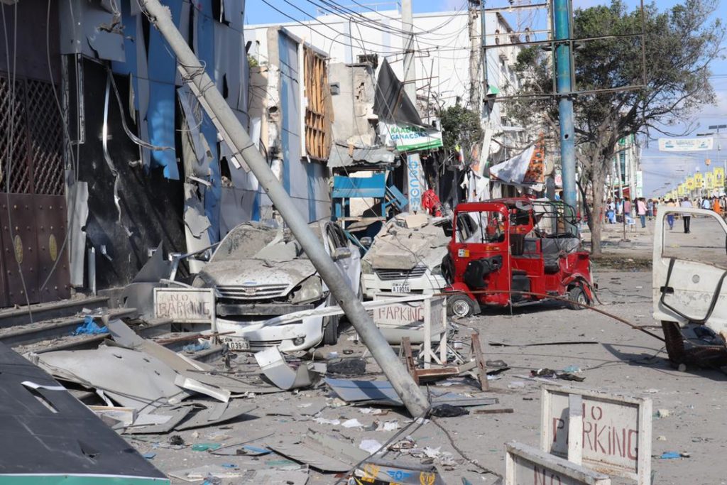 A once-bustling street near Mogadishu’s Zoobe junction becomes unrecognizable following twin bombings on Oct. 29, 2022. 